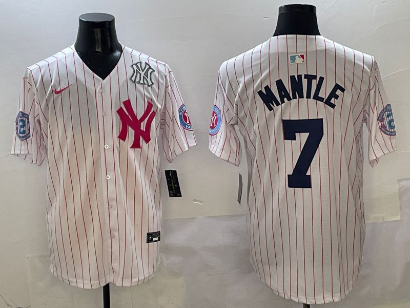 Men New York Yankees #7 Mantle White Stripe Jointly Name Nike 2025 MLB Jersey style 6